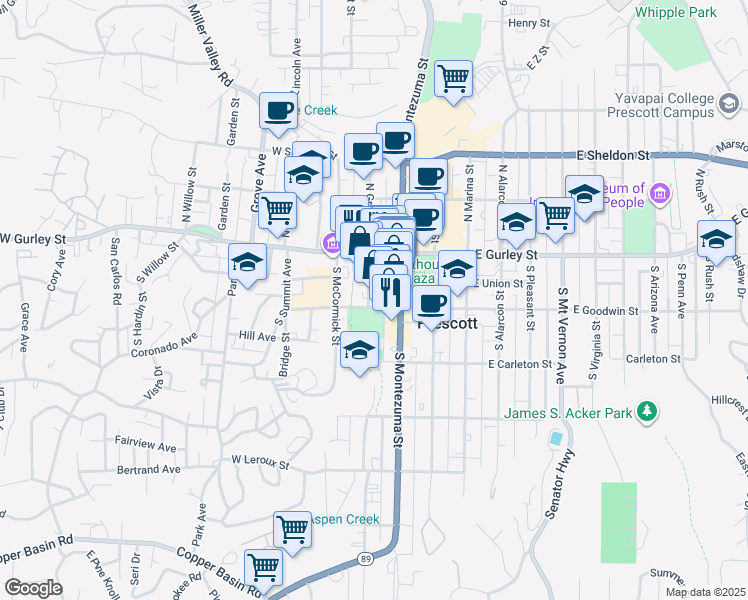 map of restaurants, bars, coffee shops, grocery stores, and more near 139 South Granite Street in Prescott