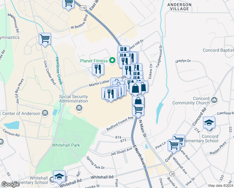 map of restaurants, bars, coffee shops, grocery stores, and more near 3187 North Main Street in Anderson