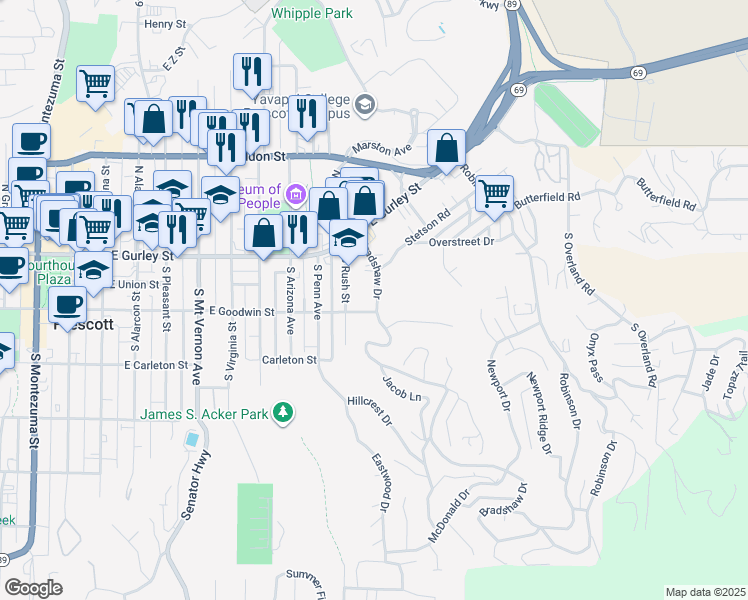 map of restaurants, bars, coffee shops, grocery stores, and more near 133 Bradshaw Drive in Prescott