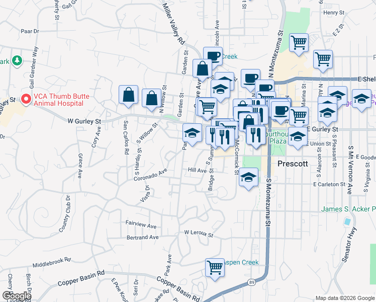 map of restaurants, bars, coffee shops, grocery stores, and more near 201 Park Avenue in Prescott
