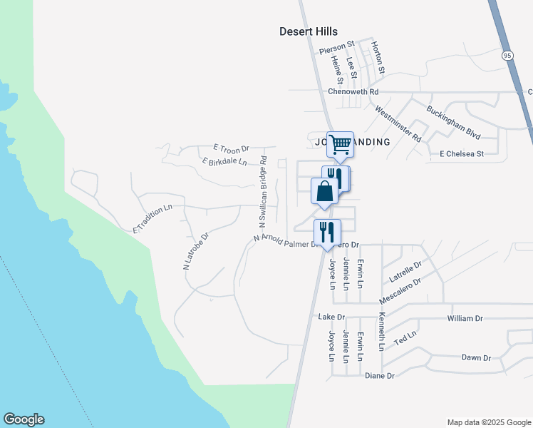 map of restaurants, bars, coffee shops, grocery stores, and more near 3598 North Swilican Bridge Road in Lake Havasu City