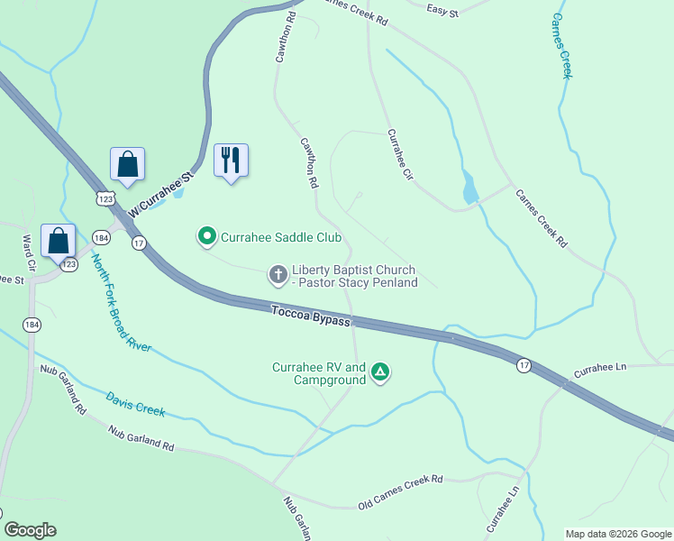 map of restaurants, bars, coffee shops, grocery stores, and more near 4742-4752 Cawthon Road in Toccoa