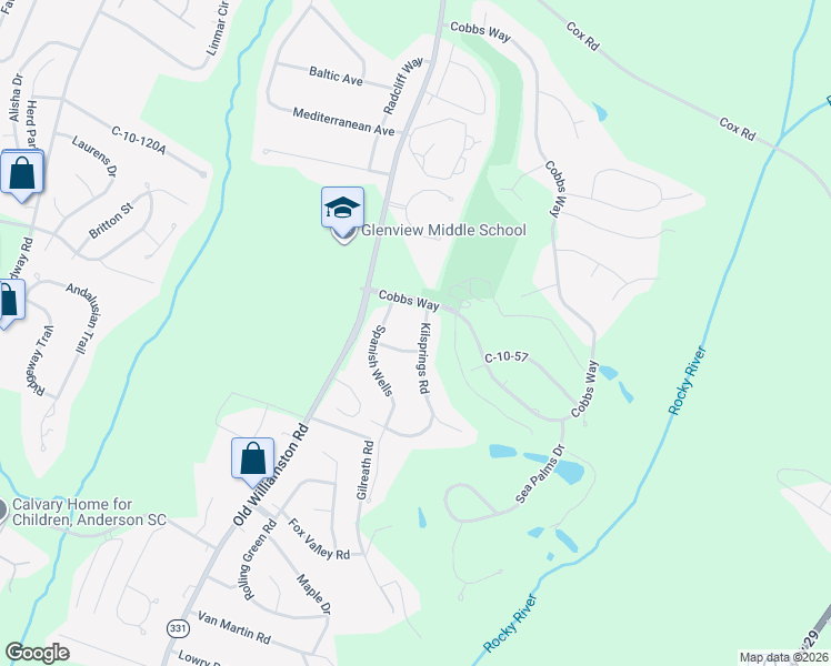 map of restaurants, bars, coffee shops, grocery stores, and more near 104 Kilsprings Road in Anderson