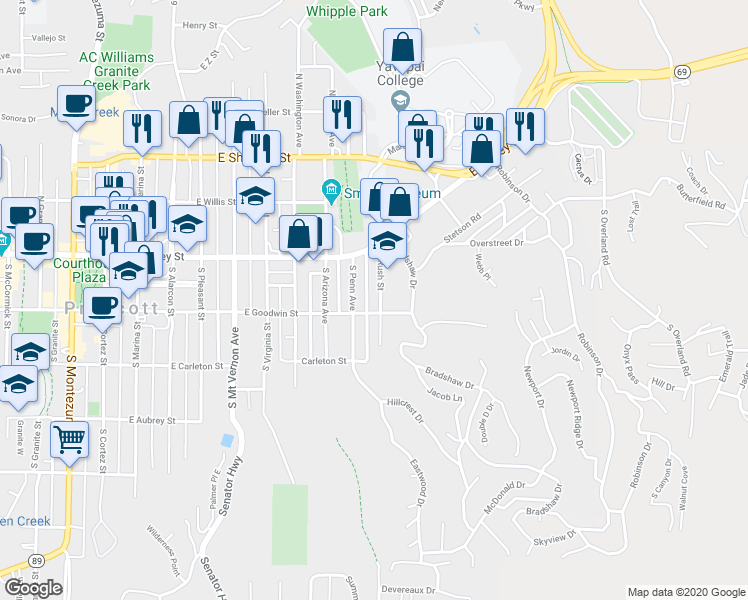 map of restaurants, bars, coffee shops, grocery stores, and more near 141 South Rush Street in Prescott