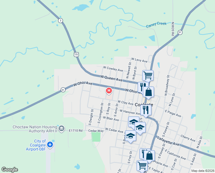 map of restaurants, bars, coffee shops, grocery stores, and more near 101 North Roy Street in Coalgate
