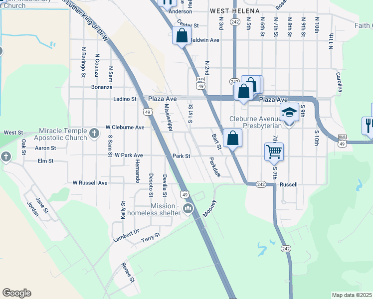 map of restaurants, bars, coffee shops, grocery stores, and more near 240 Longbell Street in Helena-West Helena