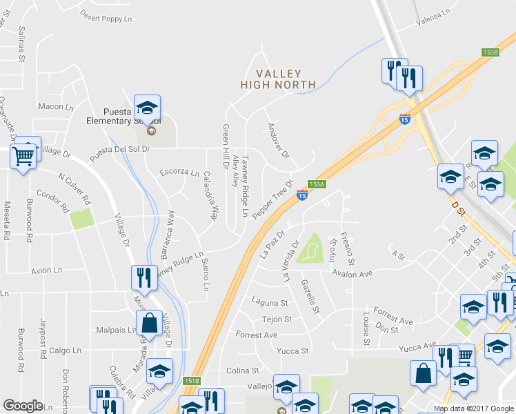 map of restaurants, bars, coffee shops, grocery stores, and more near 16220 Pepper Tree Drive in Victorville
