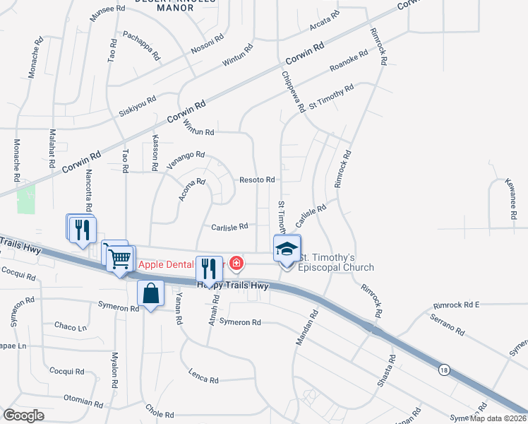 map of restaurants, bars, coffee shops, grocery stores, and more near 15913 Wintun Road in Apple Valley