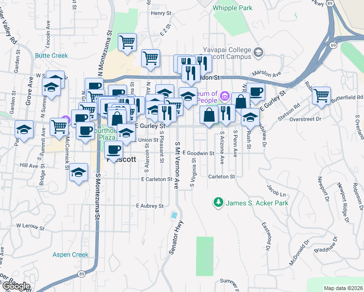 map of restaurants, bars, coffee shops, grocery stores, and more near 137 South Mount Vernon Avenue in Prescott