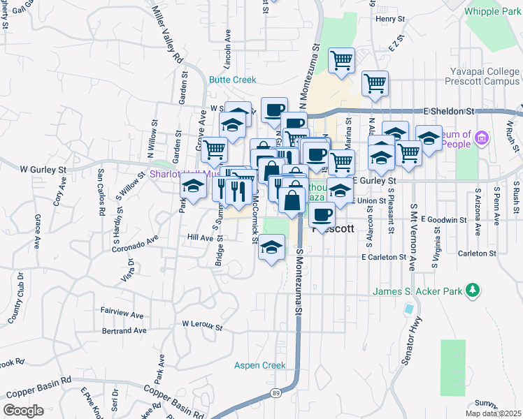 map of restaurants, bars, coffee shops, grocery stores, and more near 135 South McCormick Street in Prescott