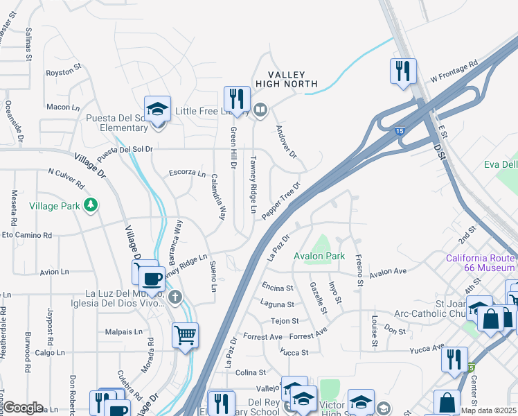 map of restaurants, bars, coffee shops, grocery stores, and more near 16220 Pepper Tree Drive in Victorville