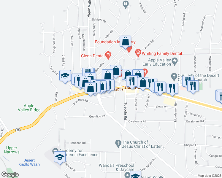 map of restaurants, bars, coffee shops, grocery stores, and more near 18002 California 18 in Apple Valley