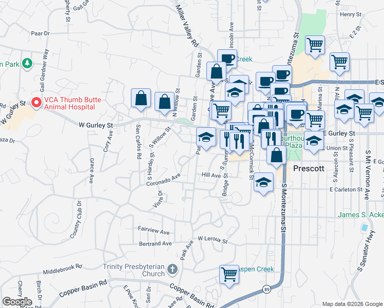 map of restaurants, bars, coffee shops, grocery stores, and more near 148 Park Avenue in Prescott