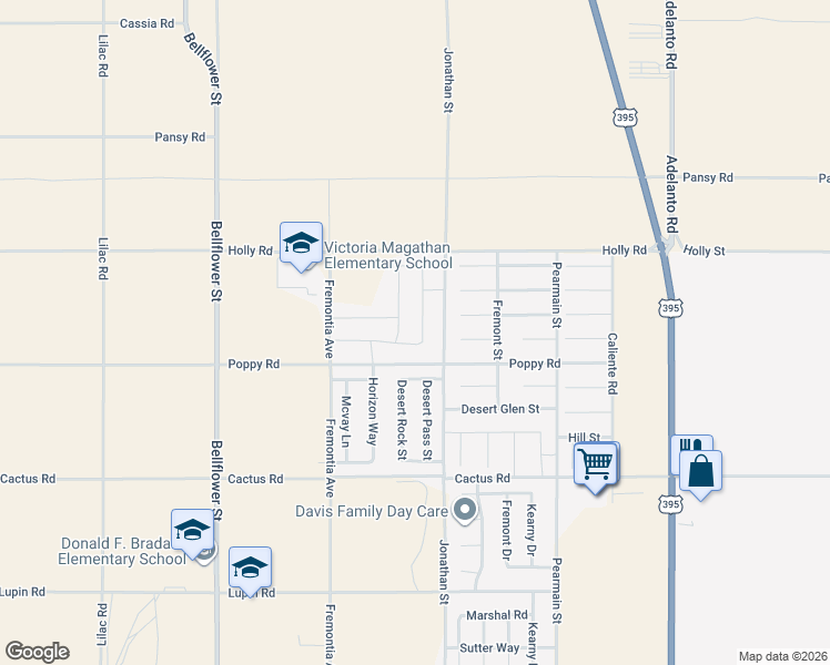 map of restaurants, bars, coffee shops, grocery stores, and more near 11564 Miranda Drive in Adelanto