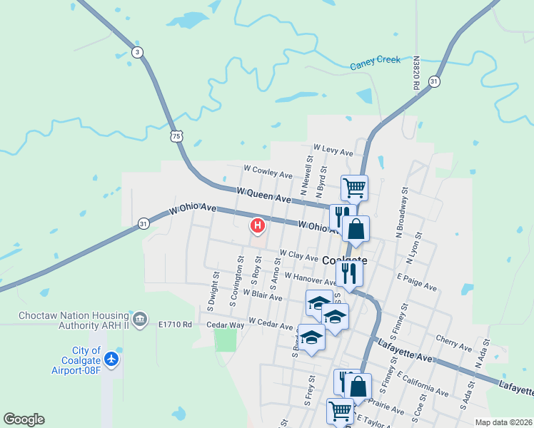 map of restaurants, bars, coffee shops, grocery stores, and more near 101 North Roy Street in Coalgate