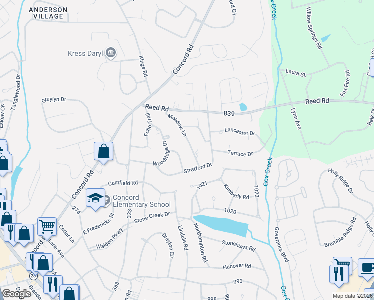 map of restaurants, bars, coffee shops, grocery stores, and more near 905 Meadow Lane in Anderson