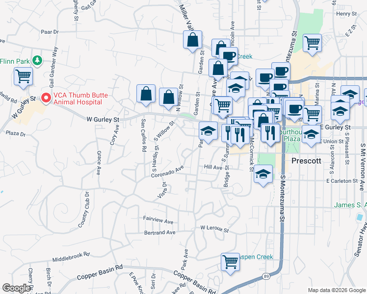 map of restaurants, bars, coffee shops, grocery stores, and more near 654 Redondo Rd in Prescott