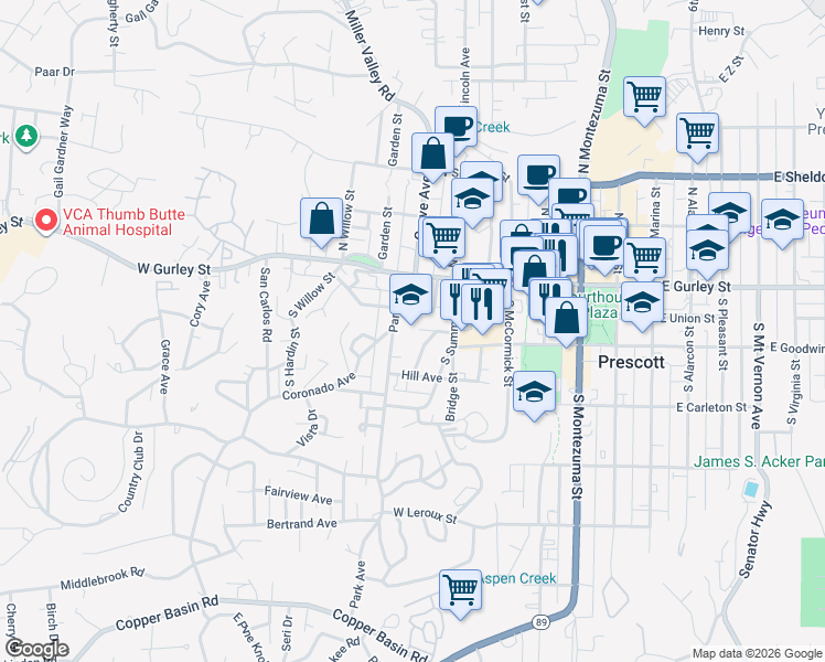 map of restaurants, bars, coffee shops, grocery stores, and more near 201 Park Avenue in Prescott