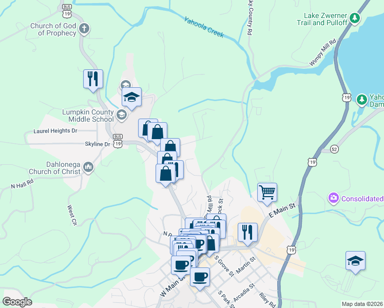 map of restaurants, bars, coffee shops, grocery stores, and more near 169 Oliver Dr in Dahlonega