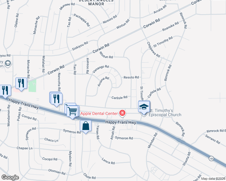 map of restaurants, bars, coffee shops, grocery stores, and more near 15966 Acoma Road in Apple Valley