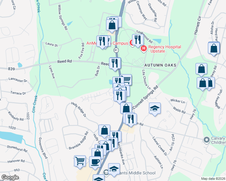 map of restaurants, bars, coffee shops, grocery stores, and more near 101 Life Style Lane in Anderson