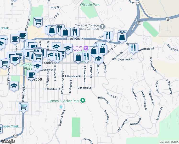 map of restaurants, bars, coffee shops, grocery stores, and more near 133 South Penn Avenue in Prescott