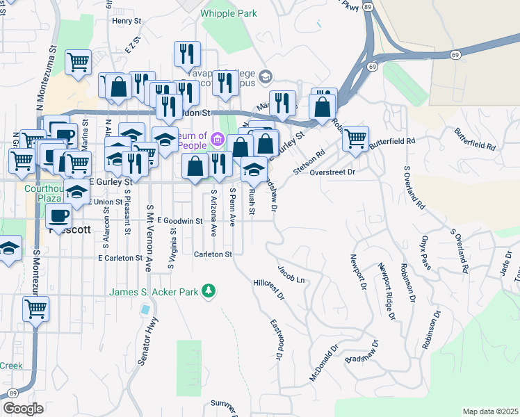 map of restaurants, bars, coffee shops, grocery stores, and more near 141 South Rush Street in Prescott