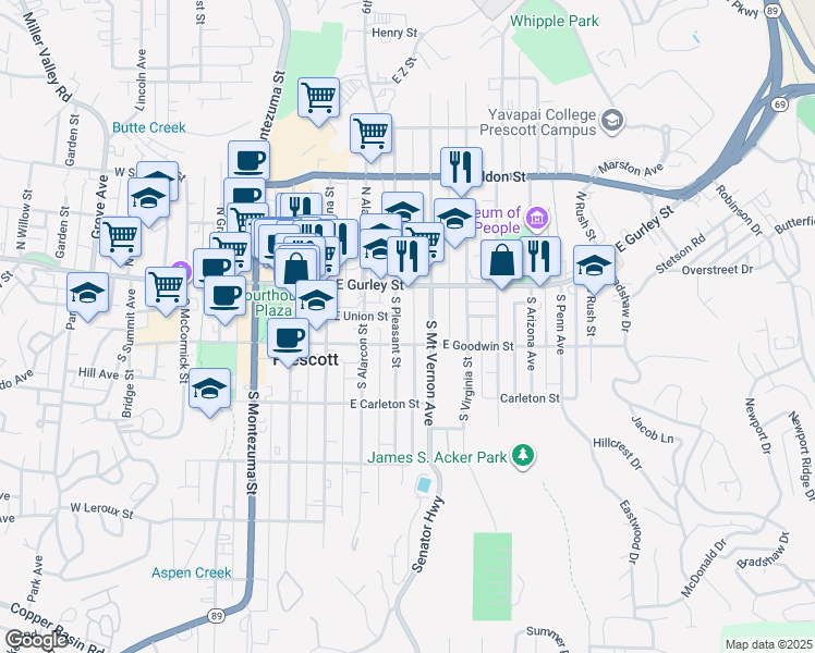 map of restaurants, bars, coffee shops, grocery stores, and more near 135 South Pleasant Street in Prescott