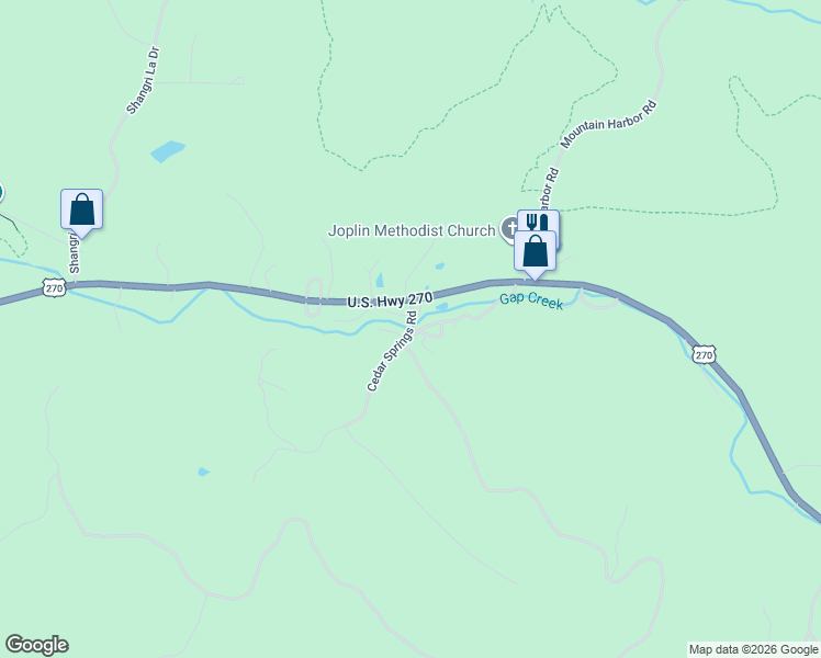map of restaurants, bars, coffee shops, grocery stores, and more near 19 Cedar Springs Road in Mount Ida
