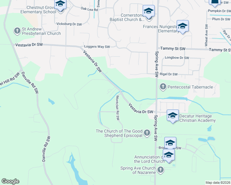 map of restaurants, bars, coffee shops, grocery stores, and more near 1037 Vestavia Drive Southwest in Decatur