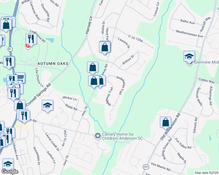 map of restaurants, bars, coffee shops, grocery stores, and more near 106 Ridgeway Trail in Anderson