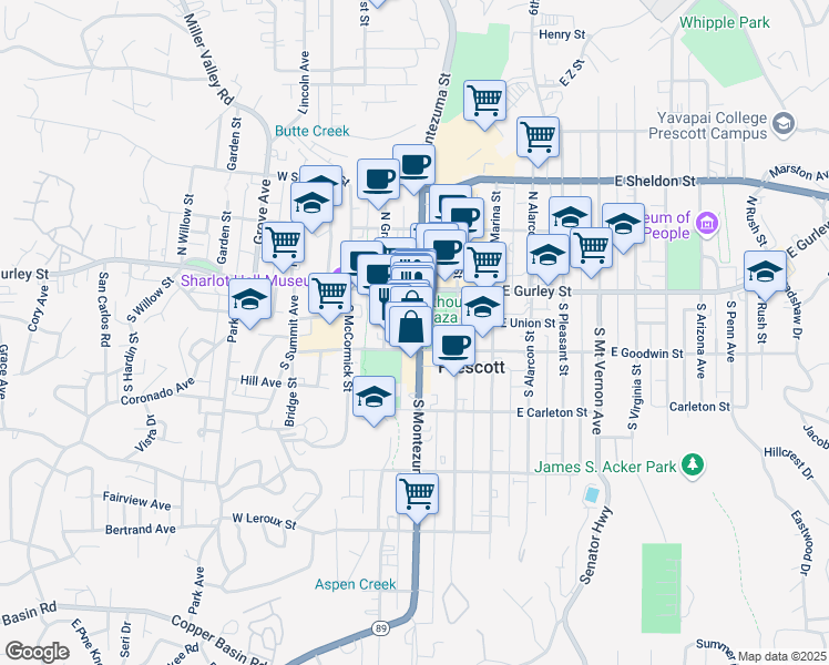 map of restaurants, bars, coffee shops, grocery stores, and more near 154 South Montezuma Street in Prescott