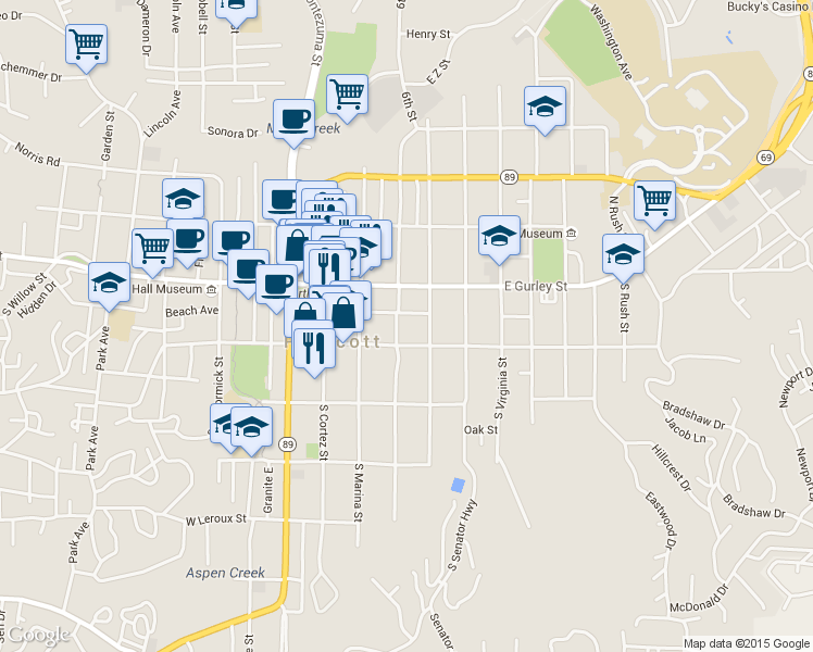 map of restaurants, bars, coffee shops, grocery stores, and more near 305 Union St in Prescott