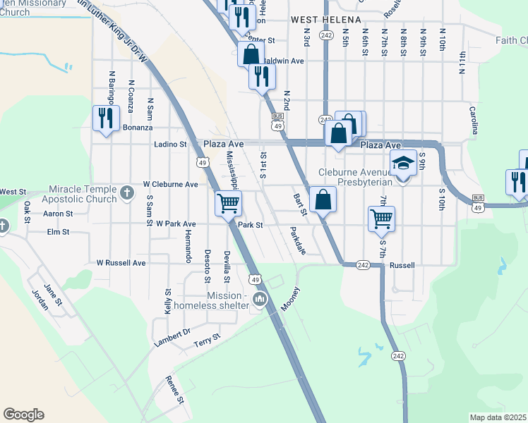 map of restaurants, bars, coffee shops, grocery stores, and more near 240 Longbell Street in Helena-West Helena