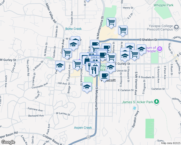 map of restaurants, bars, coffee shops, grocery stores, and more near 139 South Granite Street in Prescott