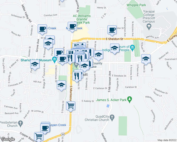 map of restaurants, bars, coffee shops, grocery stores, and more near 203 Union Street in Prescott