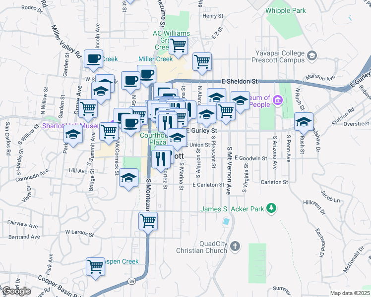 map of restaurants, bars, coffee shops, grocery stores, and more near 203 Union Street in Prescott