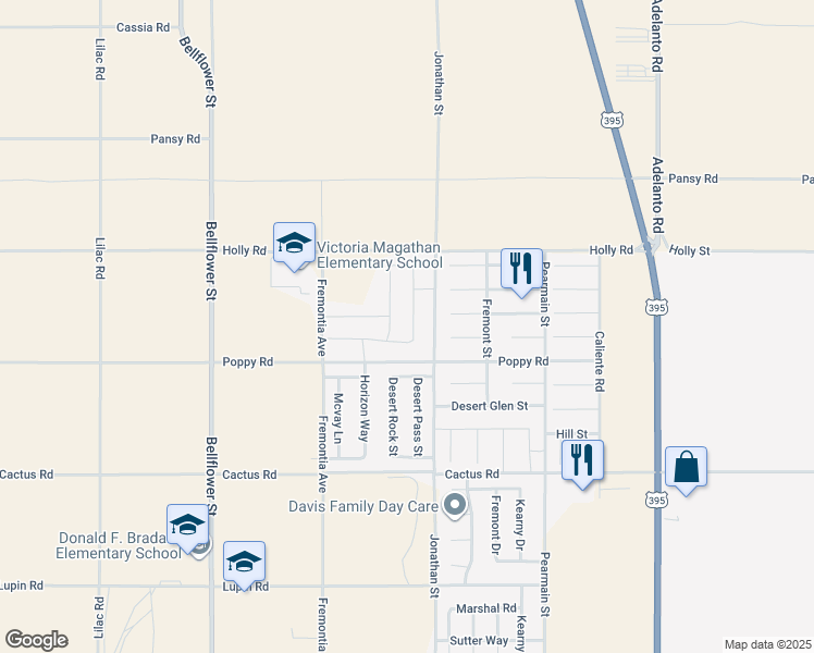 map of restaurants, bars, coffee shops, grocery stores, and more near 11566 Miranda Drive in Adelanto