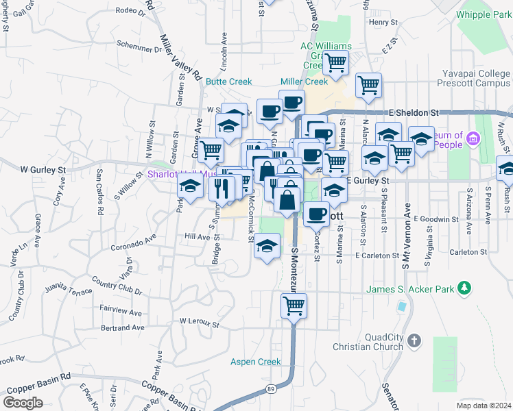 map of restaurants, bars, coffee shops, grocery stores, and more near 135 South McCormick Street in Prescott