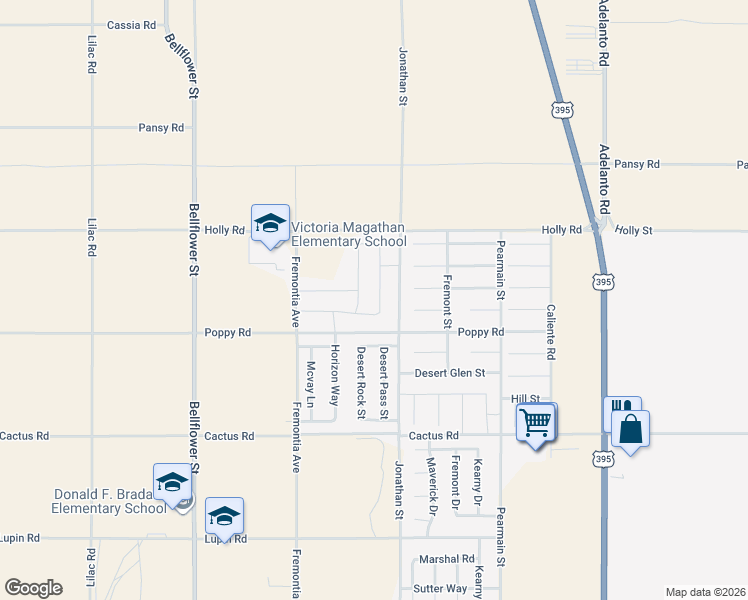 map of restaurants, bars, coffee shops, grocery stores, and more near 11566 Miranda Drive in Adelanto