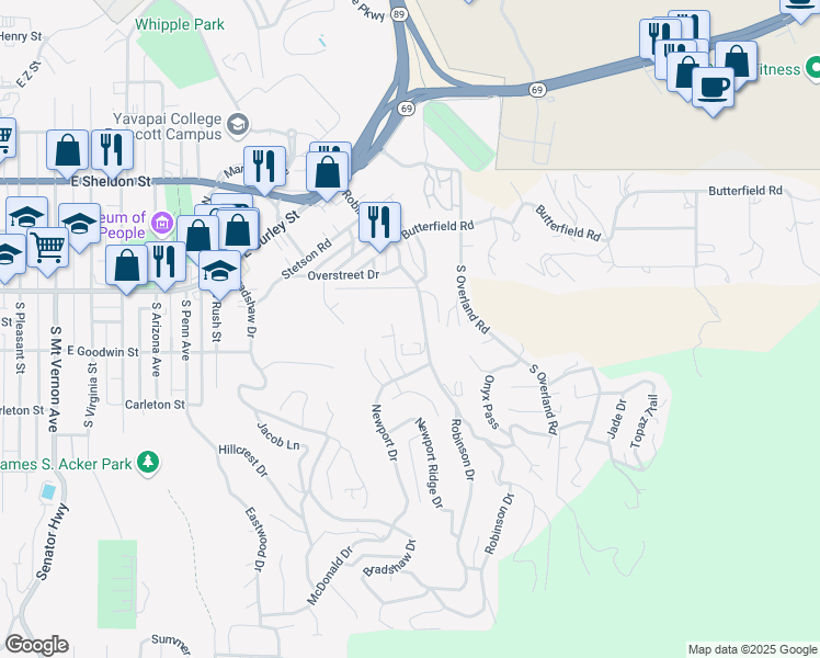 map of restaurants, bars, coffee shops, grocery stores, and more near 344 Robinson Drive in Prescott