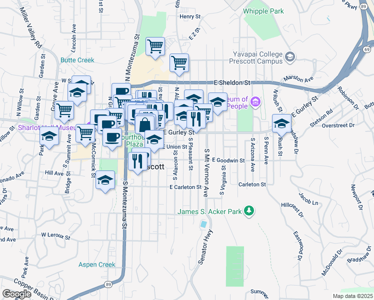 map of restaurants, bars, coffee shops, grocery stores, and more near 305 Union Street in Prescott