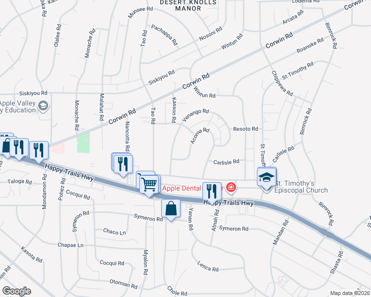 map of restaurants, bars, coffee shops, grocery stores, and more near 15908 Acoma Road in Apple Valley