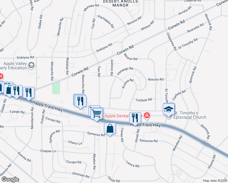 map of restaurants, bars, coffee shops, grocery stores, and more near 15908 Acoma Road in Apple Valley