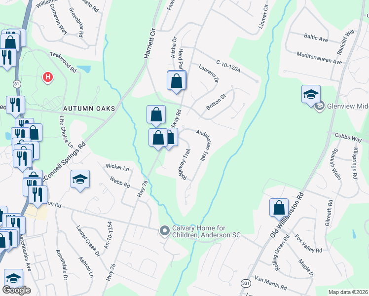 map of restaurants, bars, coffee shops, grocery stores, and more near 106 Ridgeway Trail in Anderson