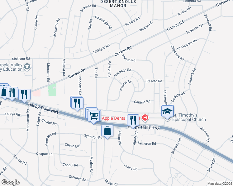 map of restaurants, bars, coffee shops, grocery stores, and more near 15908 Acoma Road in Apple Valley