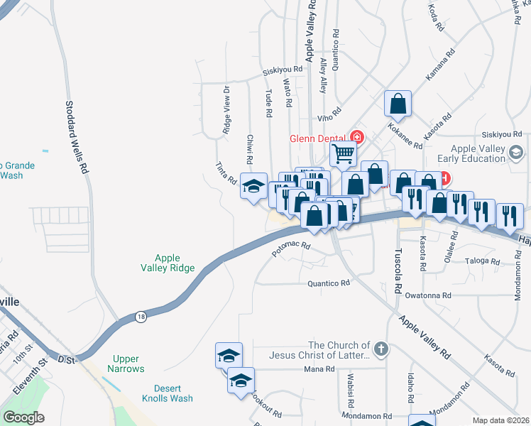 map of restaurants, bars, coffee shops, grocery stores, and more near 17768 Wika Road in Apple Valley