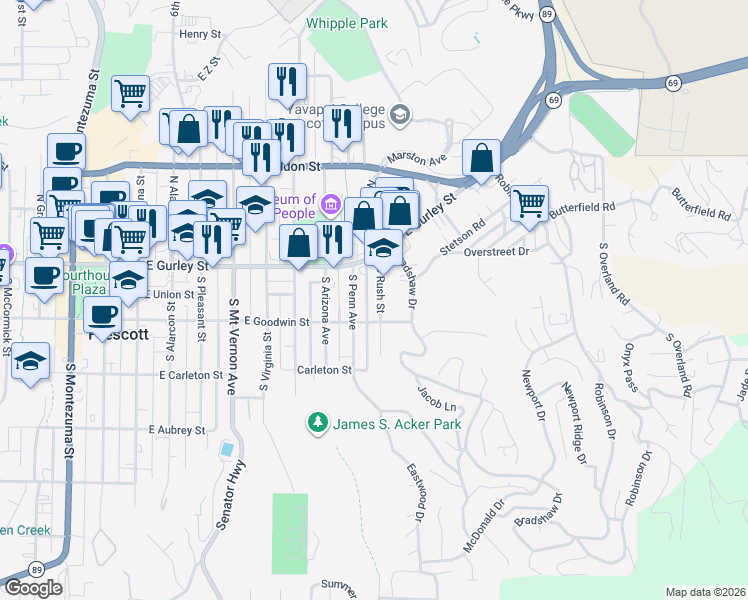 map of restaurants, bars, coffee shops, grocery stores, and more near 134 South Rush Street in Prescott