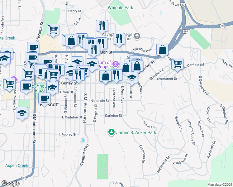 map of restaurants, bars, coffee shops, grocery stores, and more near 139 South Arizona Avenue in Prescott