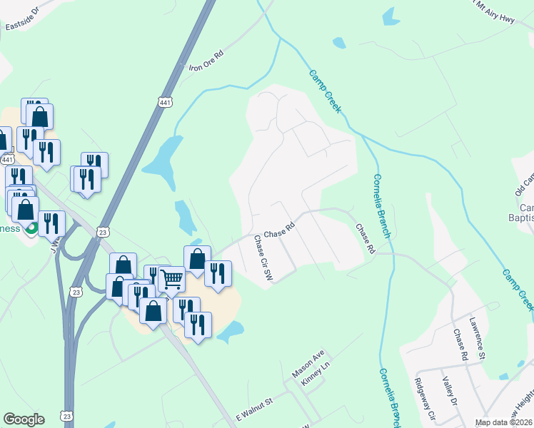 map of restaurants, bars, coffee shops, grocery stores, and more near 252 Chase Oaks Drive in Cornelia